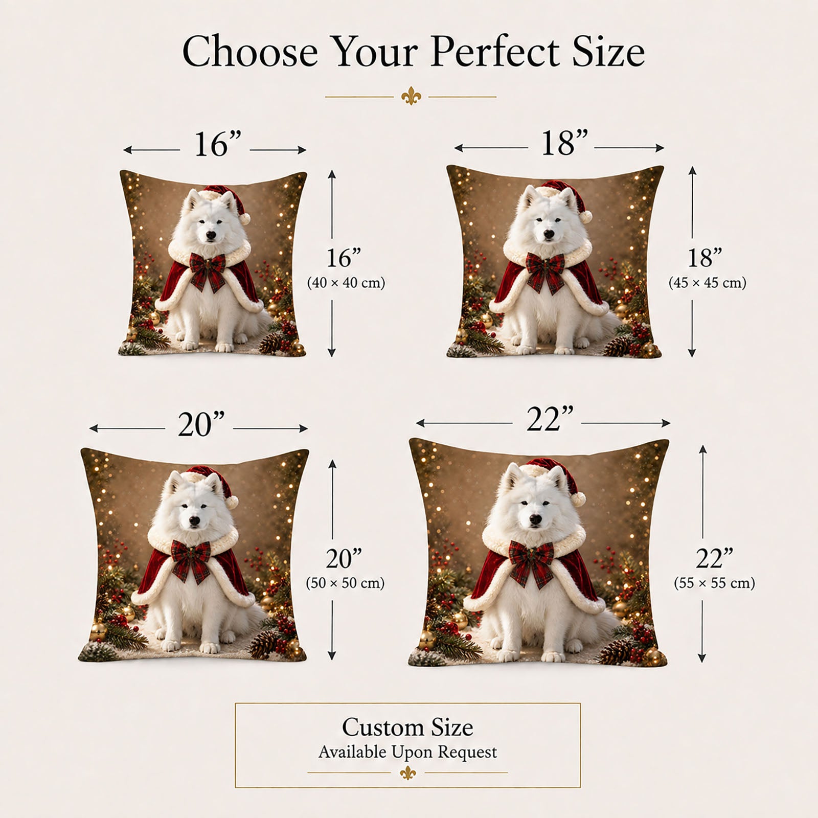 Made-to-order Christmas pet portrait pillow covers in 16, 18, 20 and 22 inch sizes with bespoke sizing available