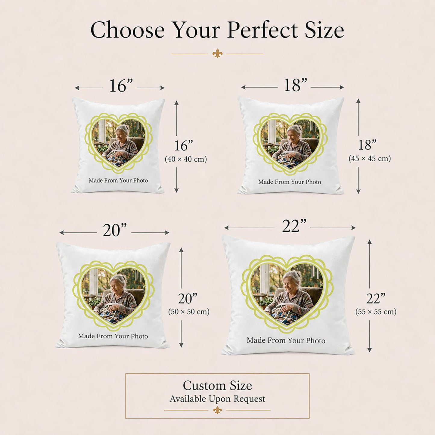 Personalized memorial photo pillow covers shown in 16, 18, 20 and 22 inch sizes with custom size available upon request