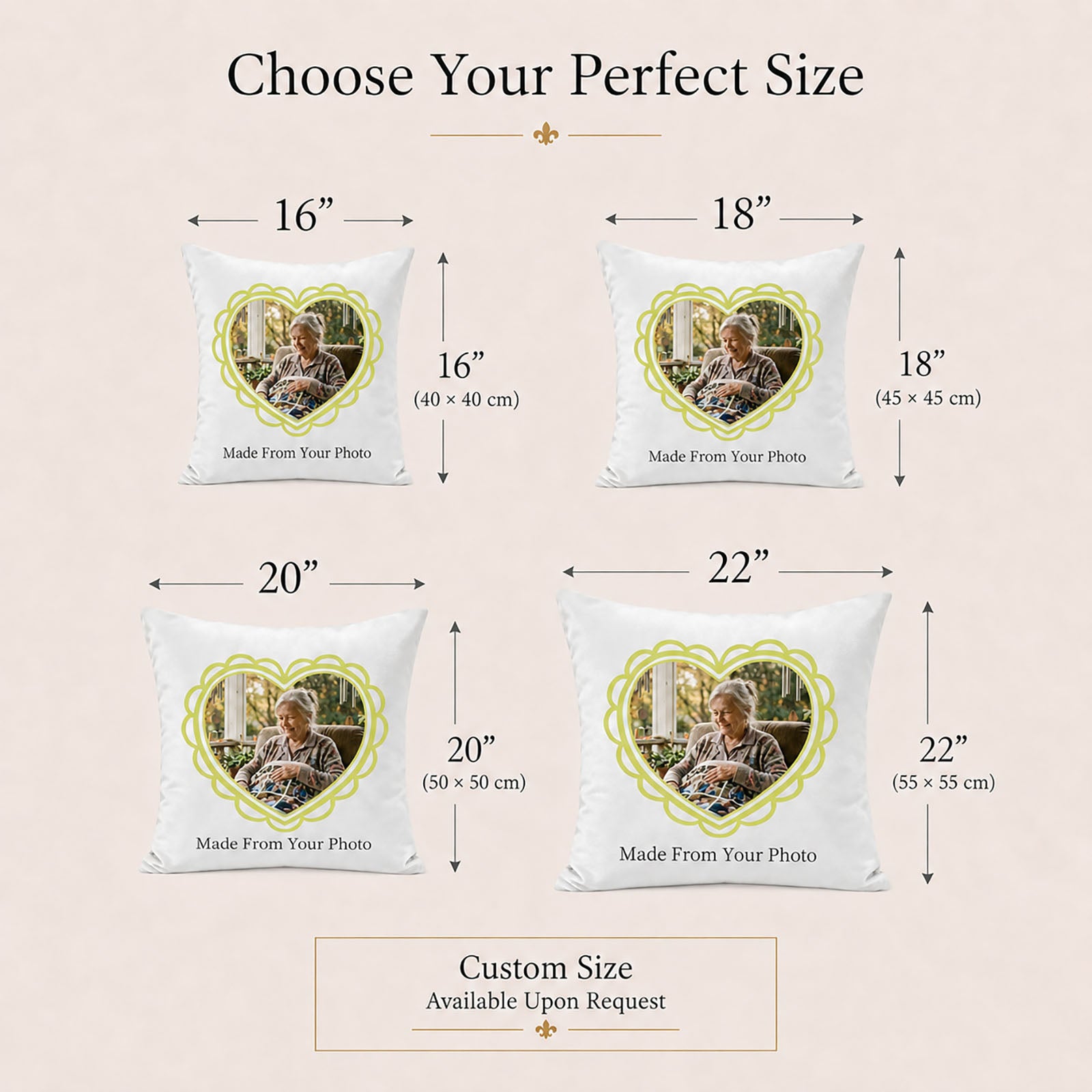Personalized memorial photo pillow covers shown in 16, 18, 20 and 22 inch sizes with custom size available upon request