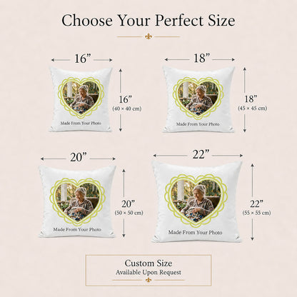 Personalized memorial photo pillow covers shown in 16, 18, 20 and 22 inch sizes with custom size available upon request