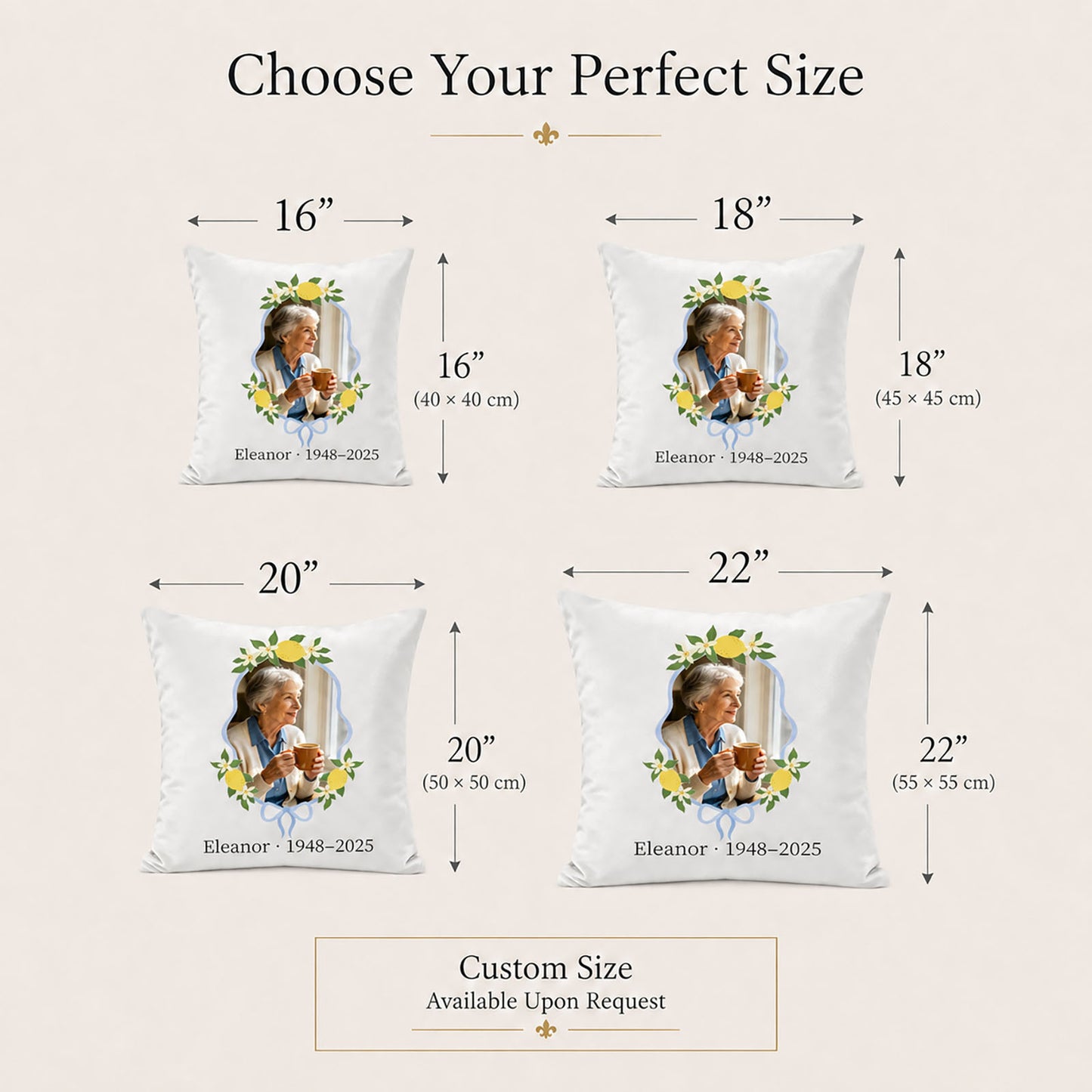 Custom memorial pillow cover size options in 16, 18, 20 and 22 inches with bespoke sizing available