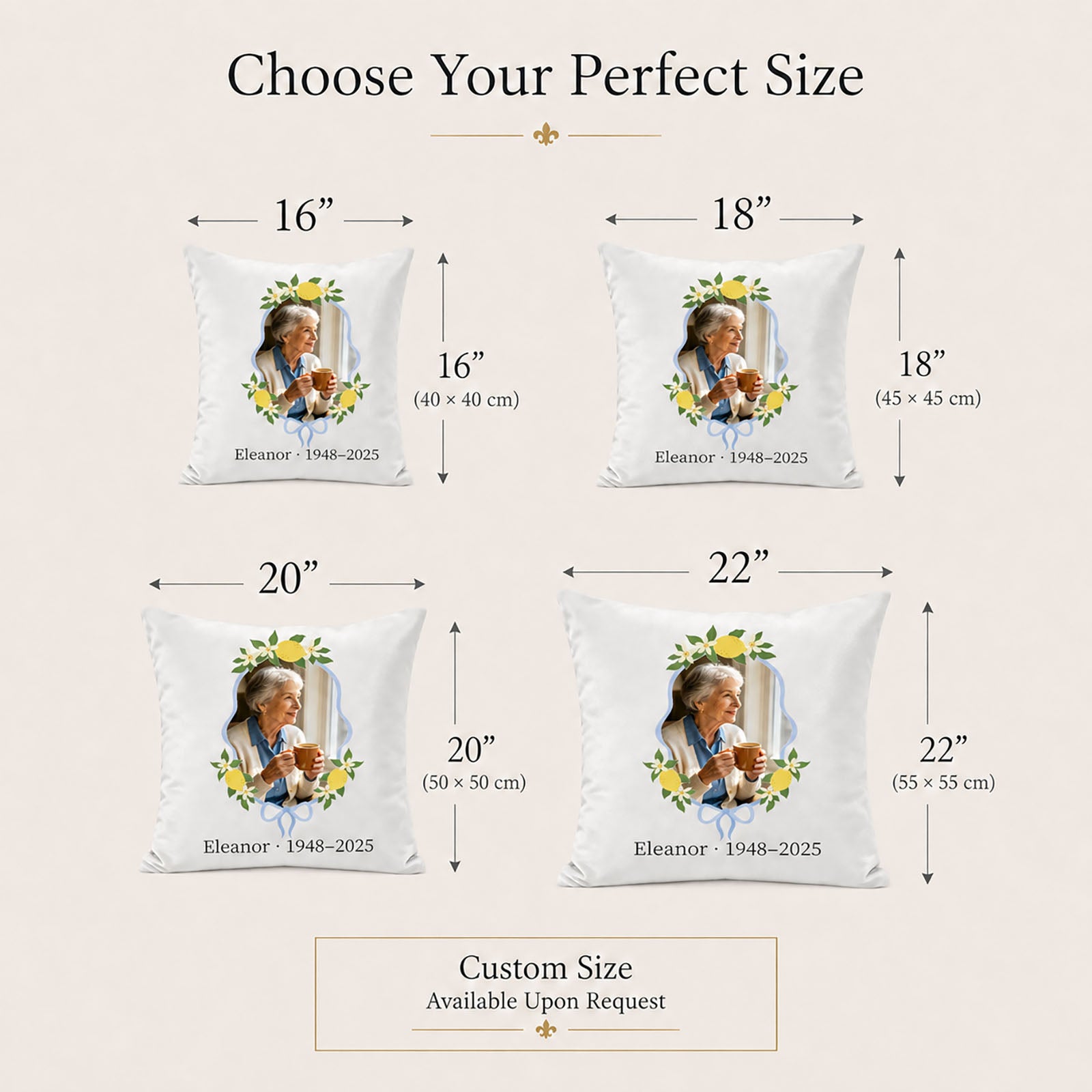 Custom memorial pillow cover size options in 16, 18, 20 and 22 inches with bespoke sizing available