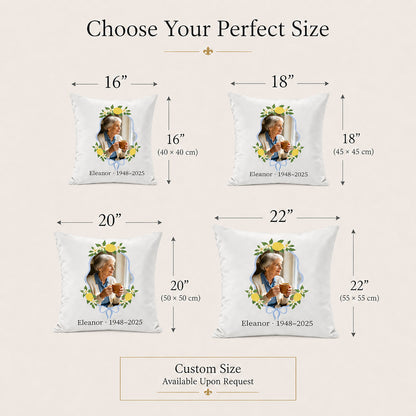 Custom memorial pillow cover size options in 16, 18, 20 and 22 inches with bespoke sizing available