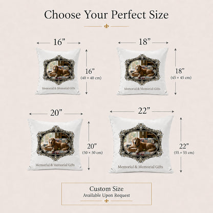 Personalized pet memorial pillow covers shown in 16, 18, 20 and 22 inch sizes with custom sizing available