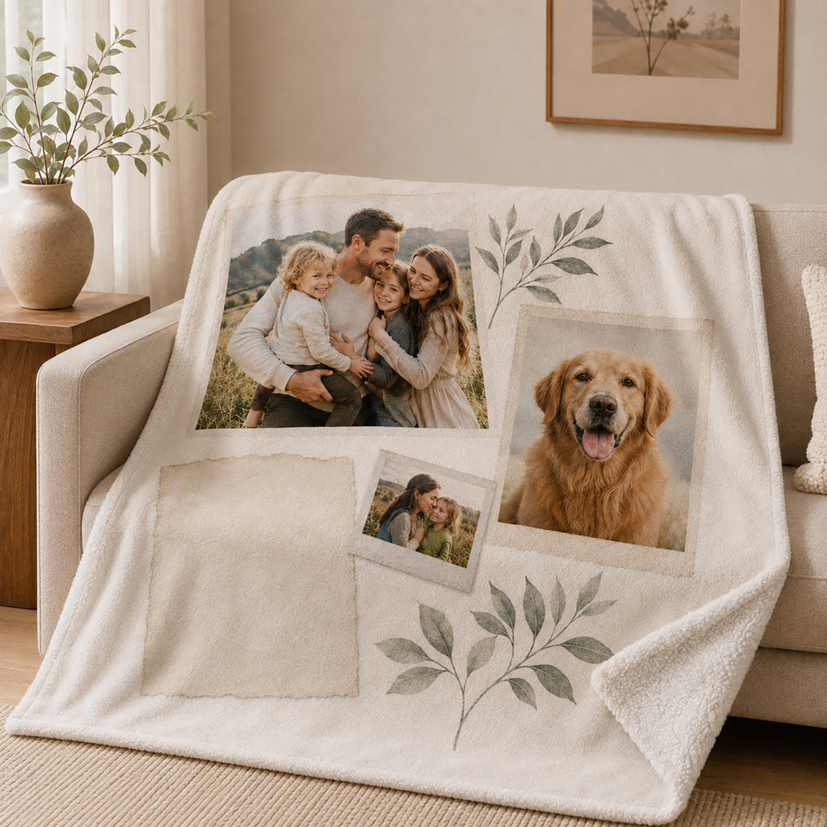 Premium 450gsm personalized family photo blanket with printed flannel front and white sherpa reverse