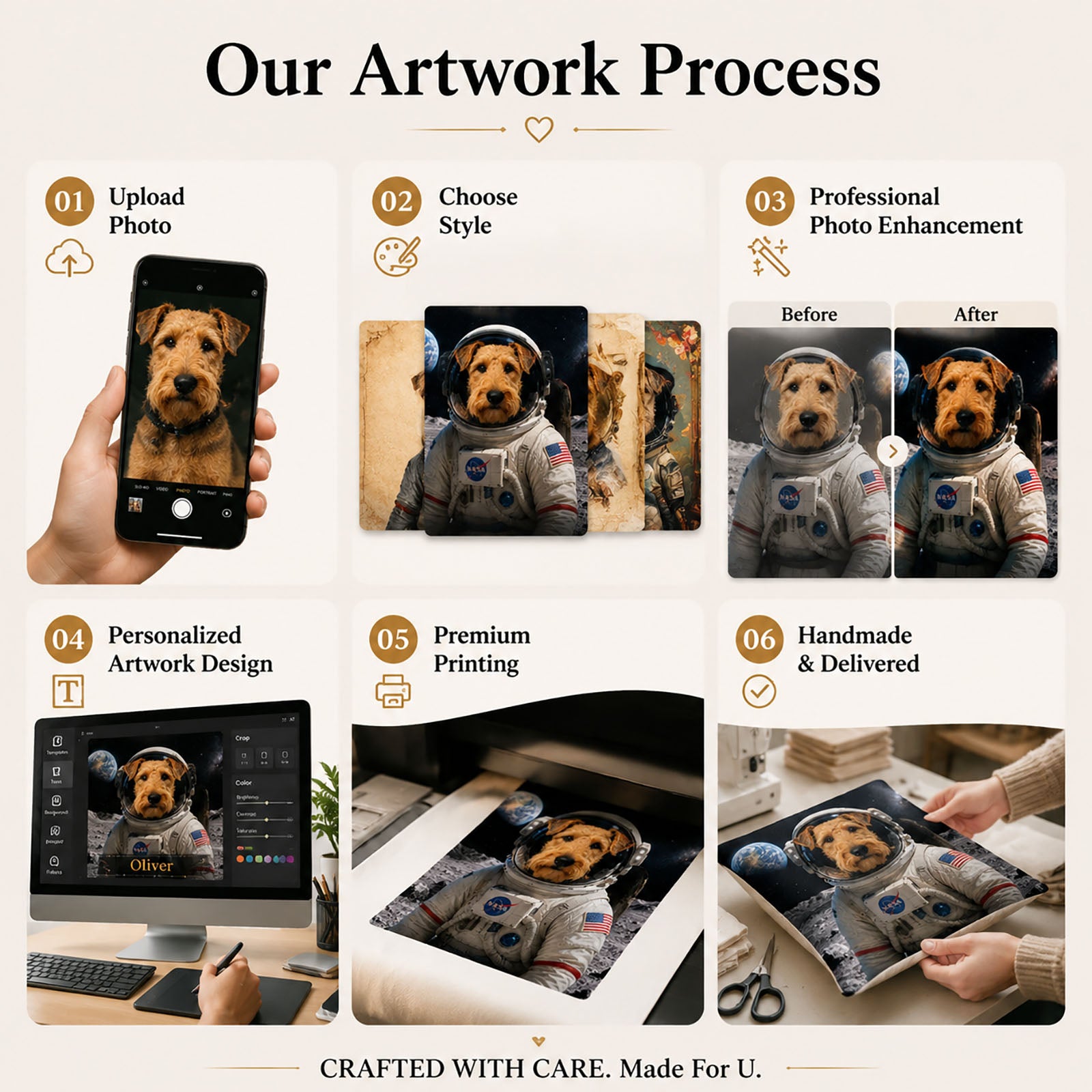 Astronaut style dog portrait pillow displayed in a modern home interior, personalized pet pillow home decor accent