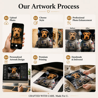 Astronaut style dog portrait pillow displayed in a modern home interior, personalized pet pillow home decor accent