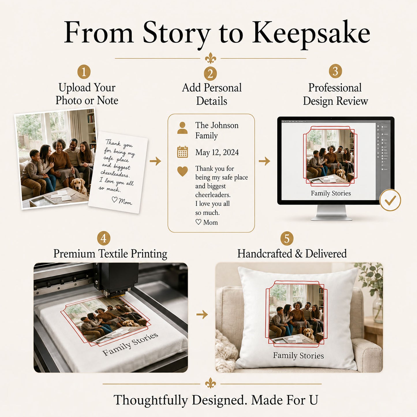 Made-to-order process transforming a family photo or handwritten note into a custom textile keepsake pillow cover