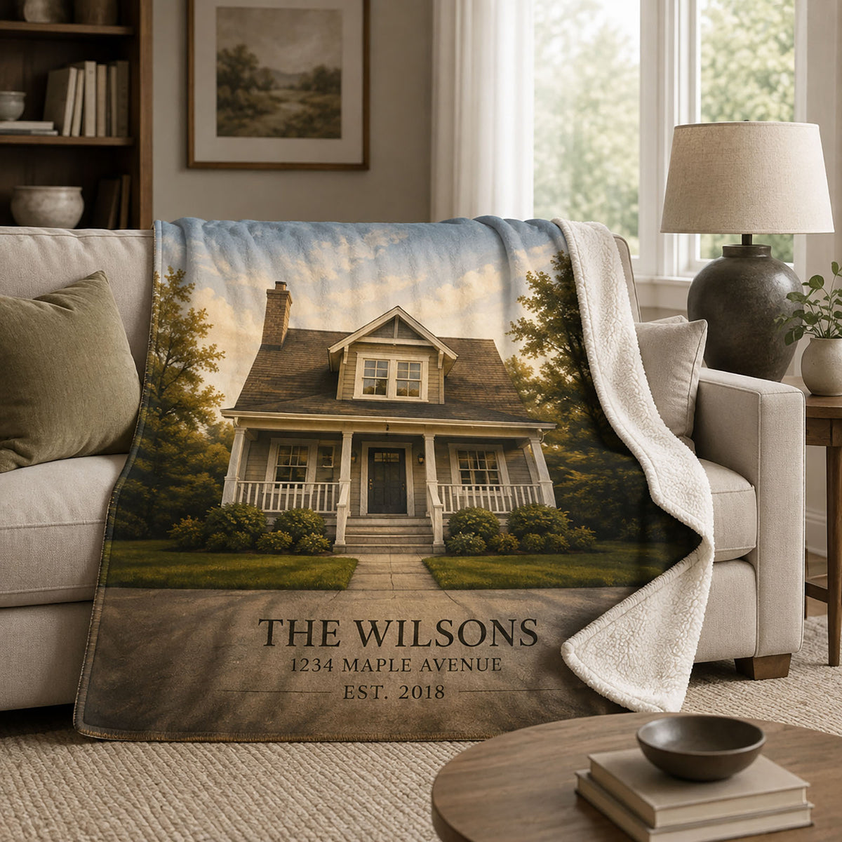 Personalized home portrait blanket displayed naturally in a premium neutral American living room.