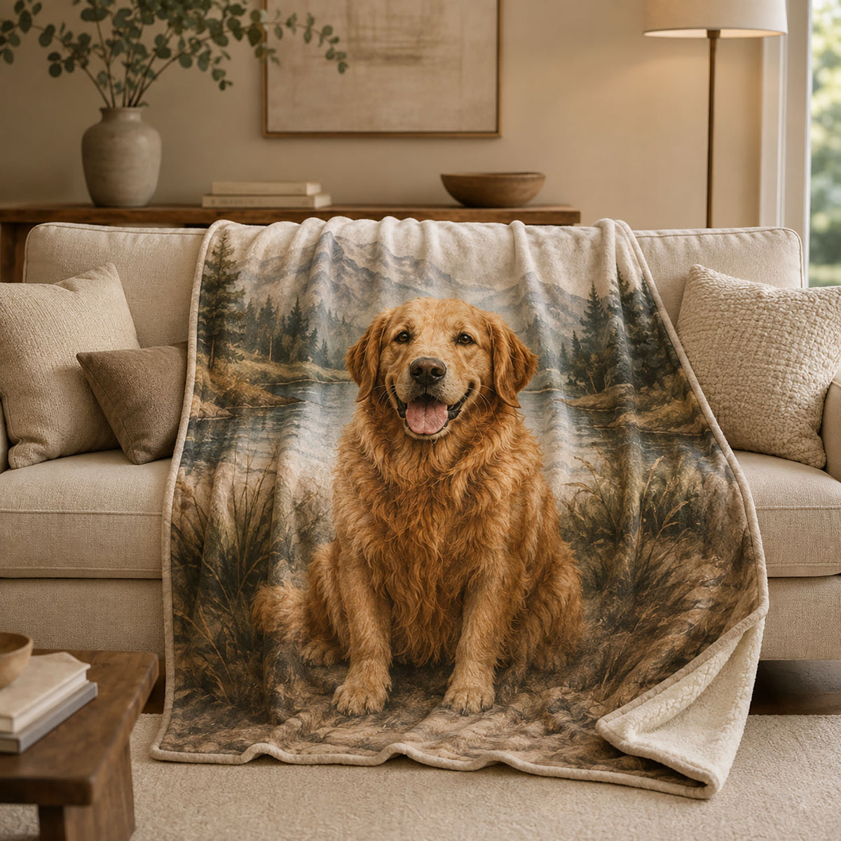 Personalized pet portrait blanket displayed in a premium neutral living room with soft 450gsm flannel and white sherpa construction.
