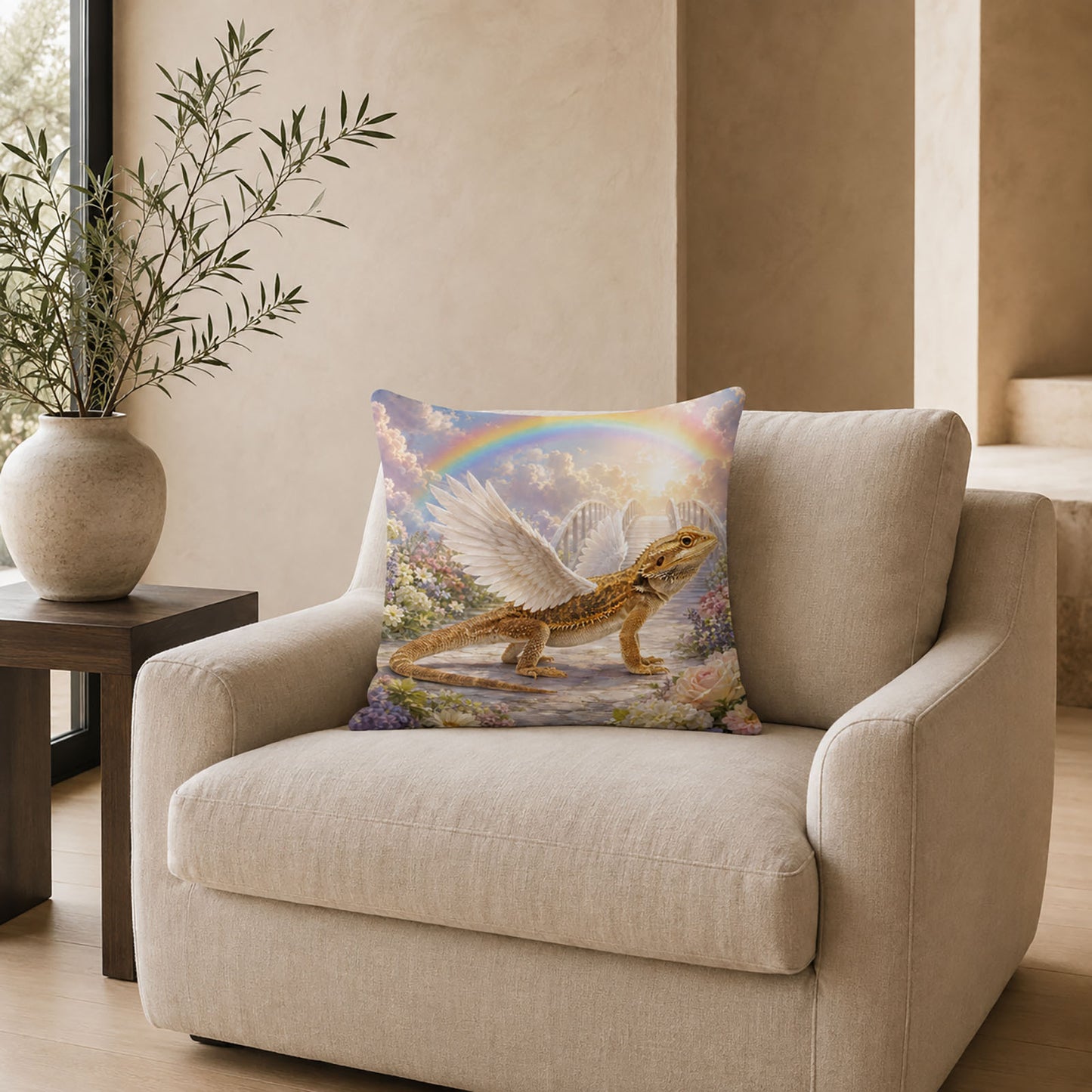 Bearded dragon rainbow bridge memorial pillow cover displayed on a neutral armchair in an elegant living room