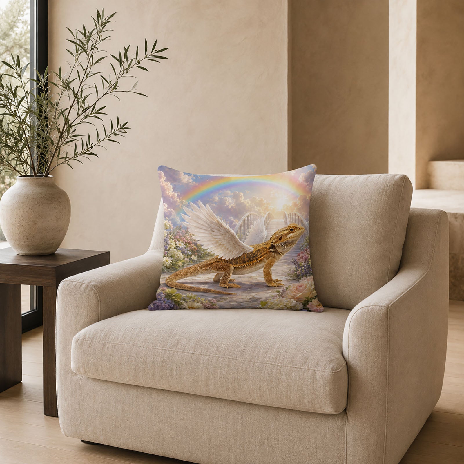 Bearded dragon rainbow bridge memorial pillow cover displayed on a neutral armchair in an elegant living room