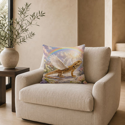 Bearded dragon rainbow bridge memorial pillow cover displayed on a neutral armchair in an elegant living room