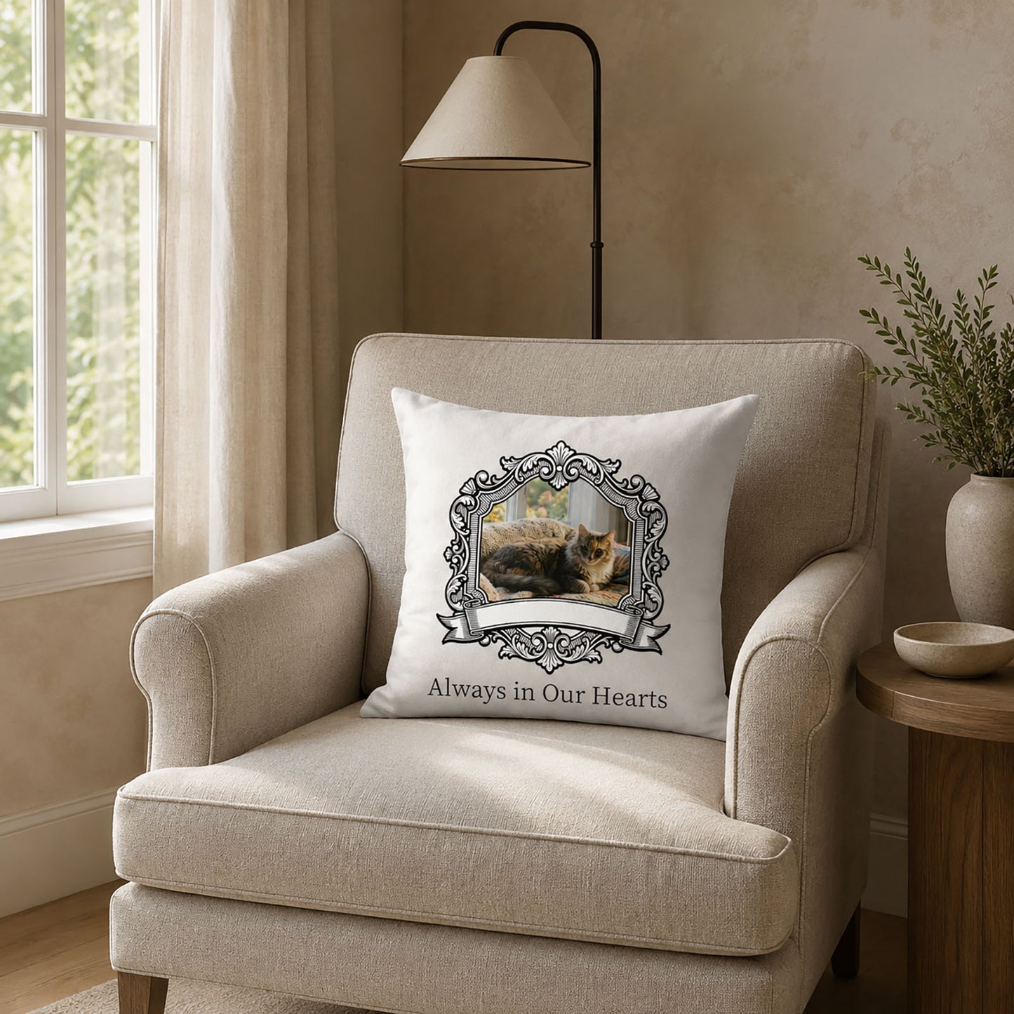 Personalized cat memorial pillow cover displayed on a neutral armchair in a warm American reading corner