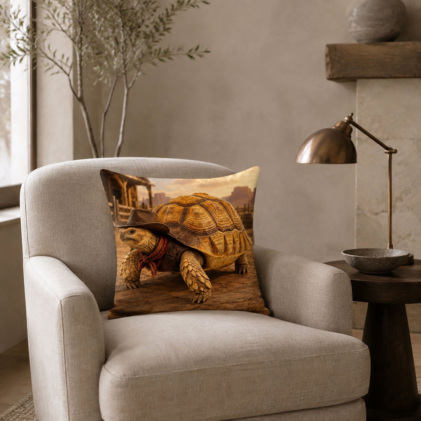 Cowboy tortoise portrait pillow displayed on a neutral lounge chair in an elegant reading room as personalized Western home decor.