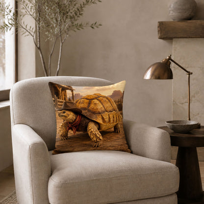 Cowboy tortoise portrait pillow displayed on a neutral lounge chair in an elegant reading room as personalized Western home decor.