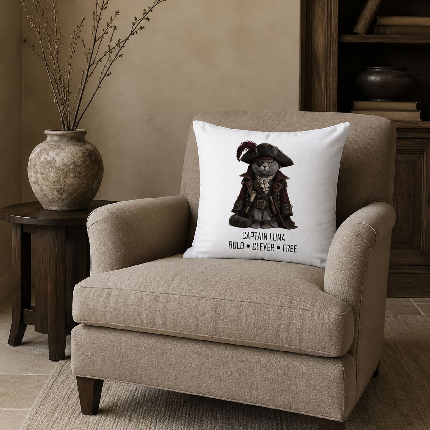 One-of-a-kind pirate cat portrait keepsake pillow cover displayed on an elegant neutral accent chair