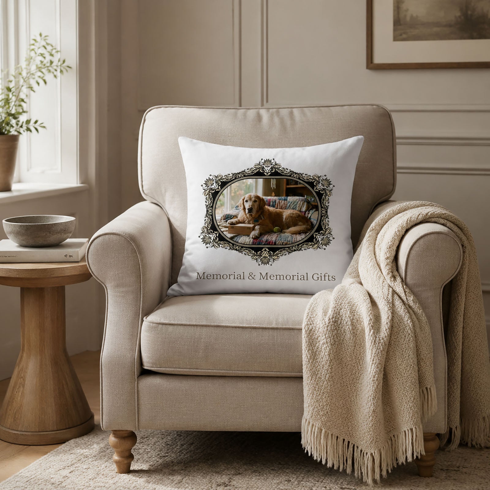 Personalized golden retriever memorial pillow cover displayed on a neutral armchair in a peaceful reading corner