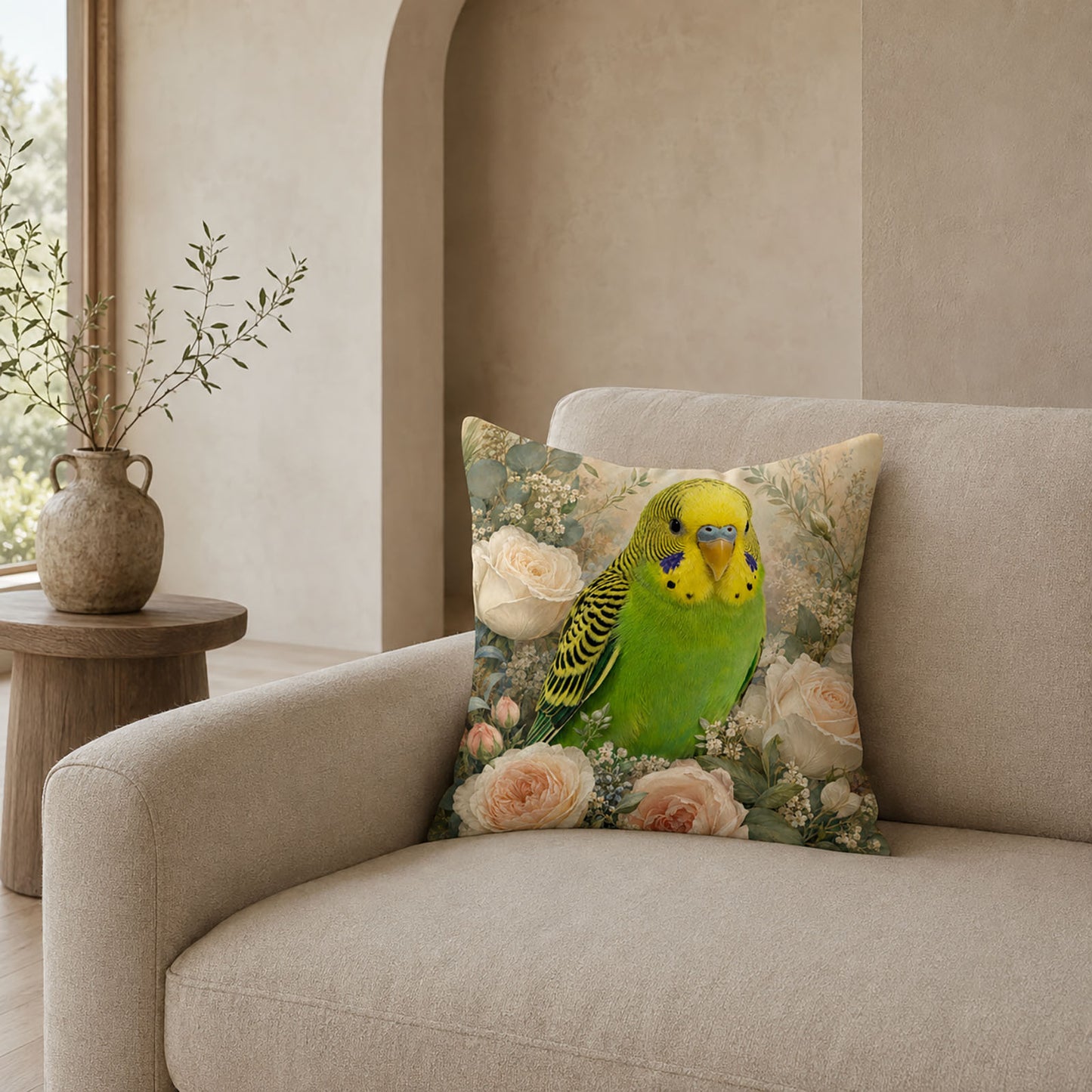 Floral budgie throw pillow cover displayed on a neutral armchair in an elegant modern living room