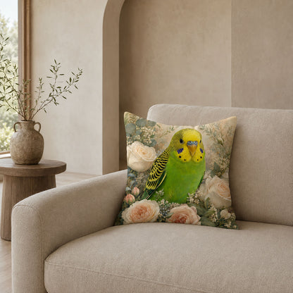 Floral budgie throw pillow cover displayed on a neutral armchair in an elegant modern living room