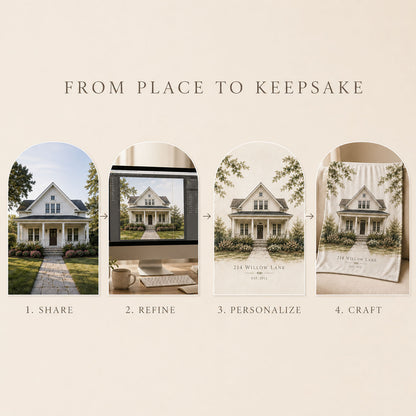 Personalized house portrait blanket process from sharing a home photo through refinement, personalization and crafting.