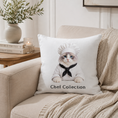 Personalized cat portrait pillow cover displayed in elegant home decor setting, custom pet artwork cushion for living room