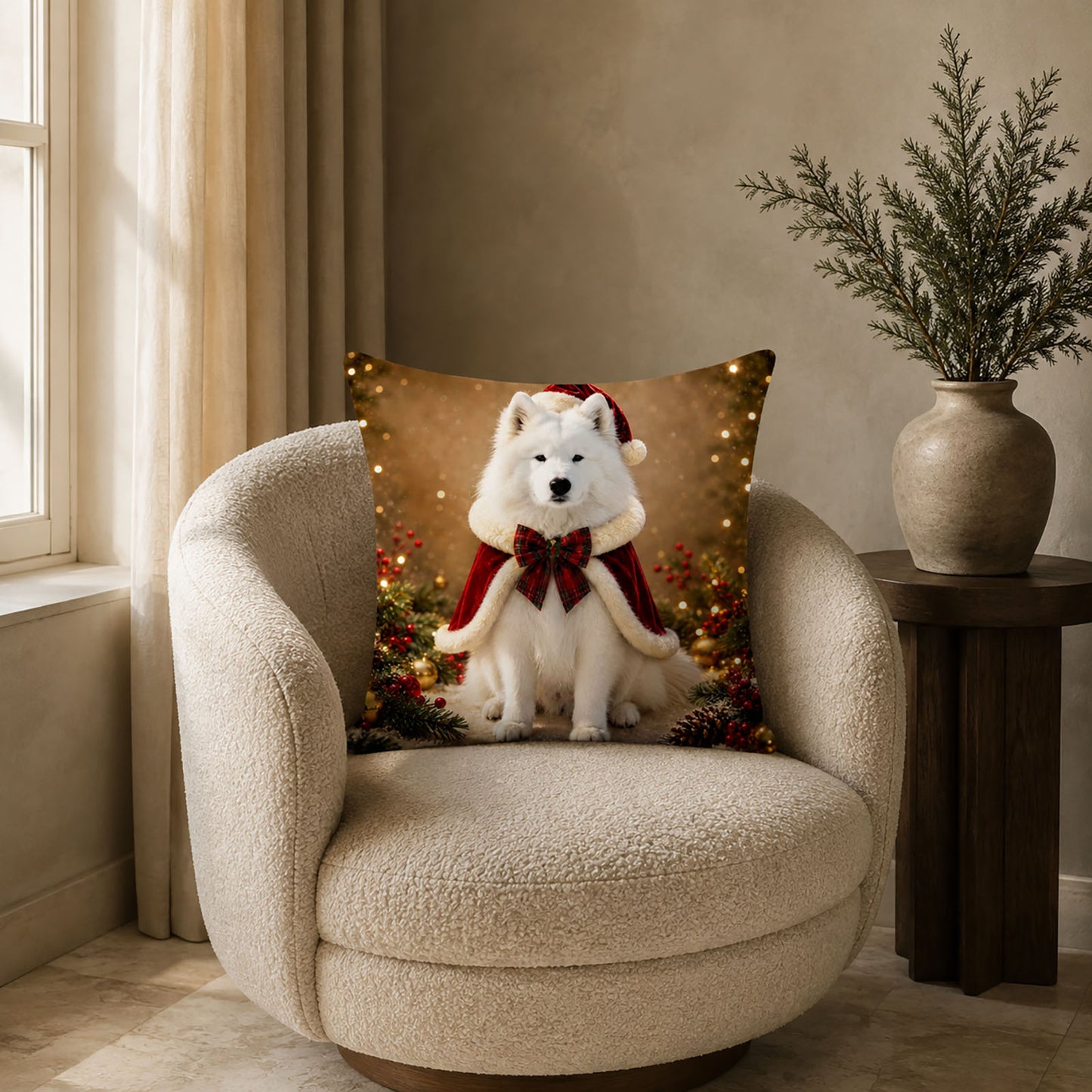 Personalized Christmas dog keepsake pillow cover styled on a cream lounge chair in an elegant neutral holiday interior