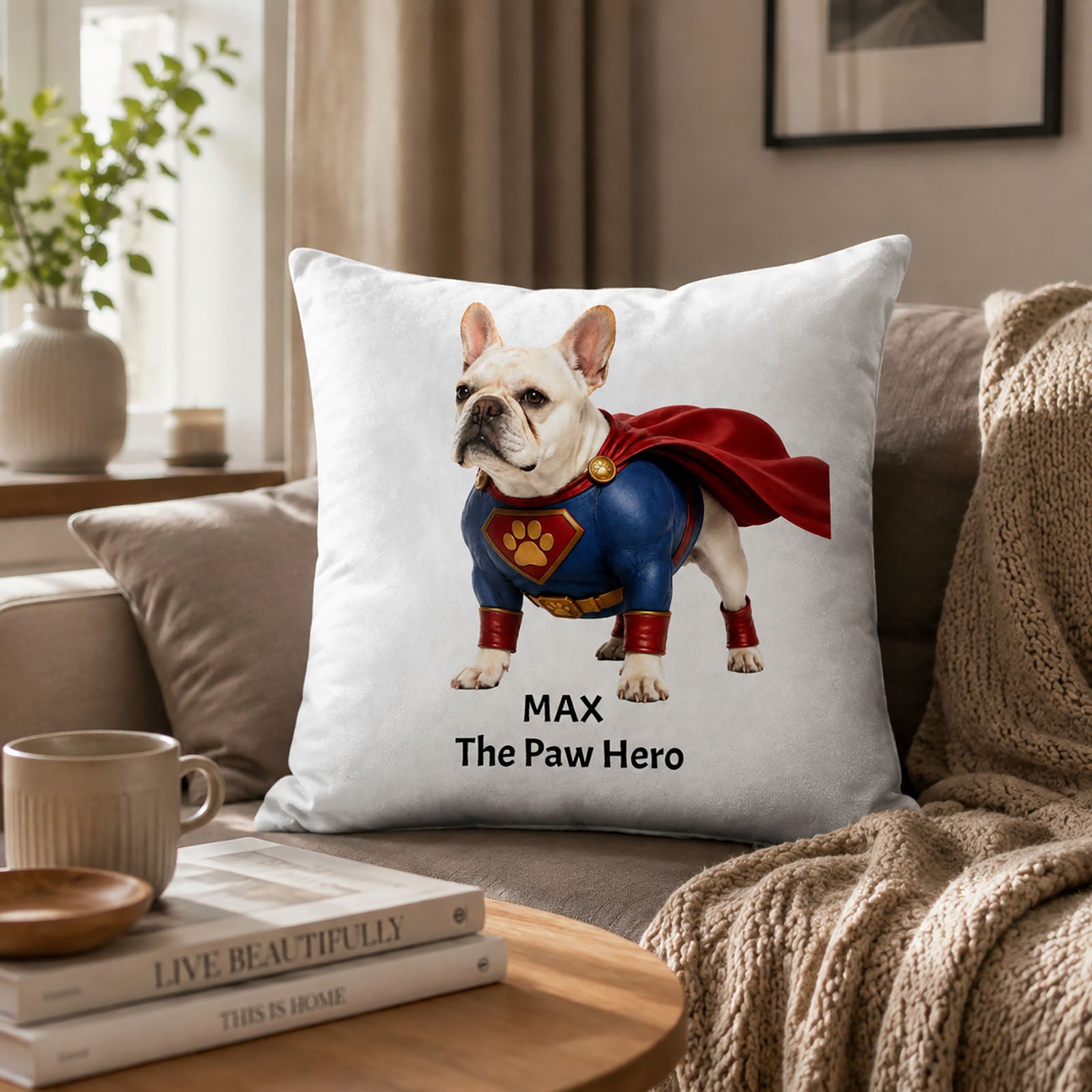 Personalized dog pillow displayed in modern home decor, custom pet portrait pillow for living room decoration