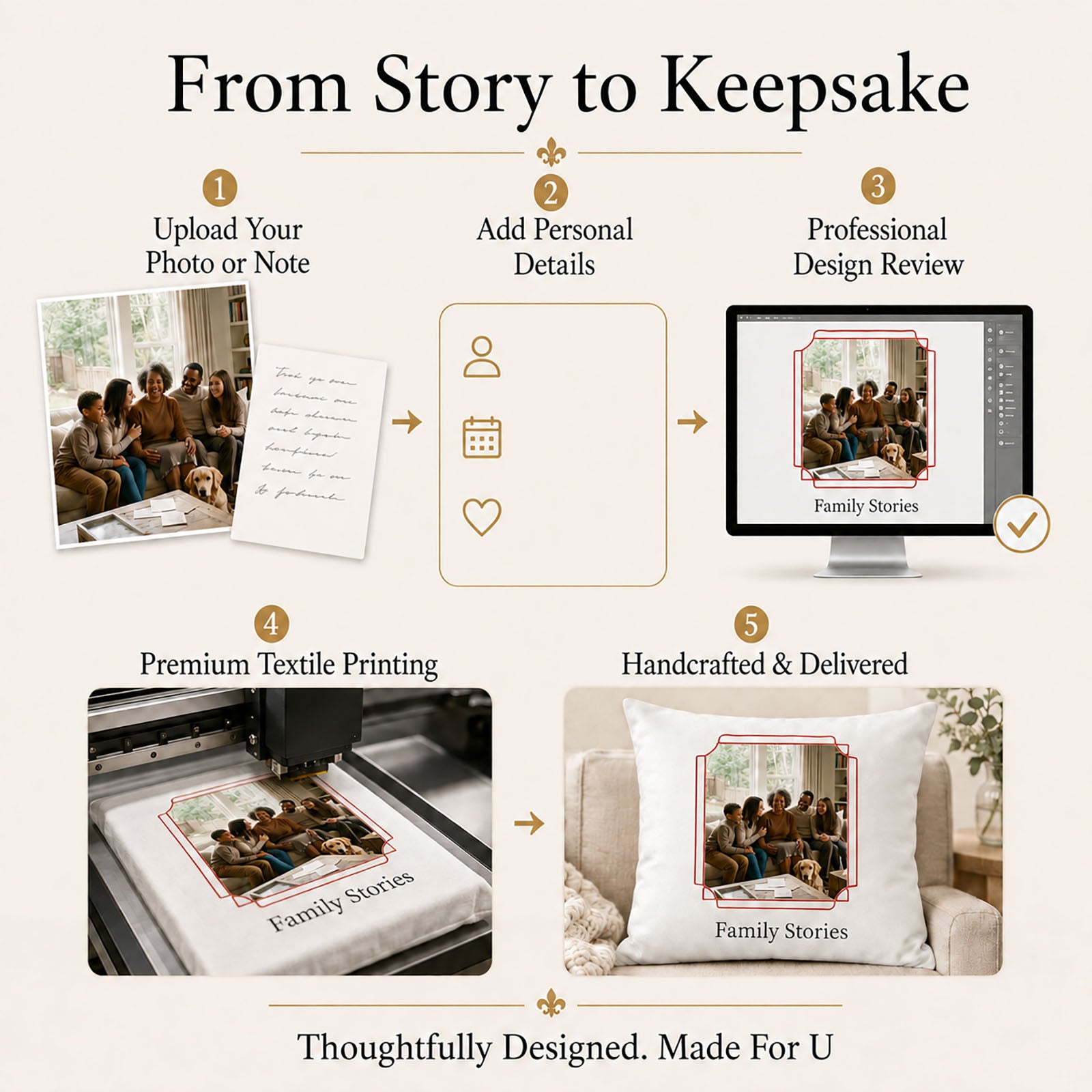 Professional design review and textile printing process for a personalized family photo and handwriting pillow cover