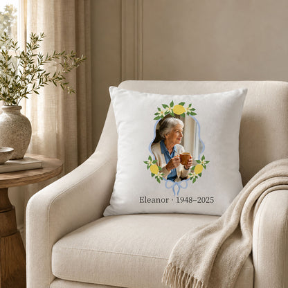 Personalized photo memorial pillow cover displayed on a neutral upholstered chair in an elegant living space