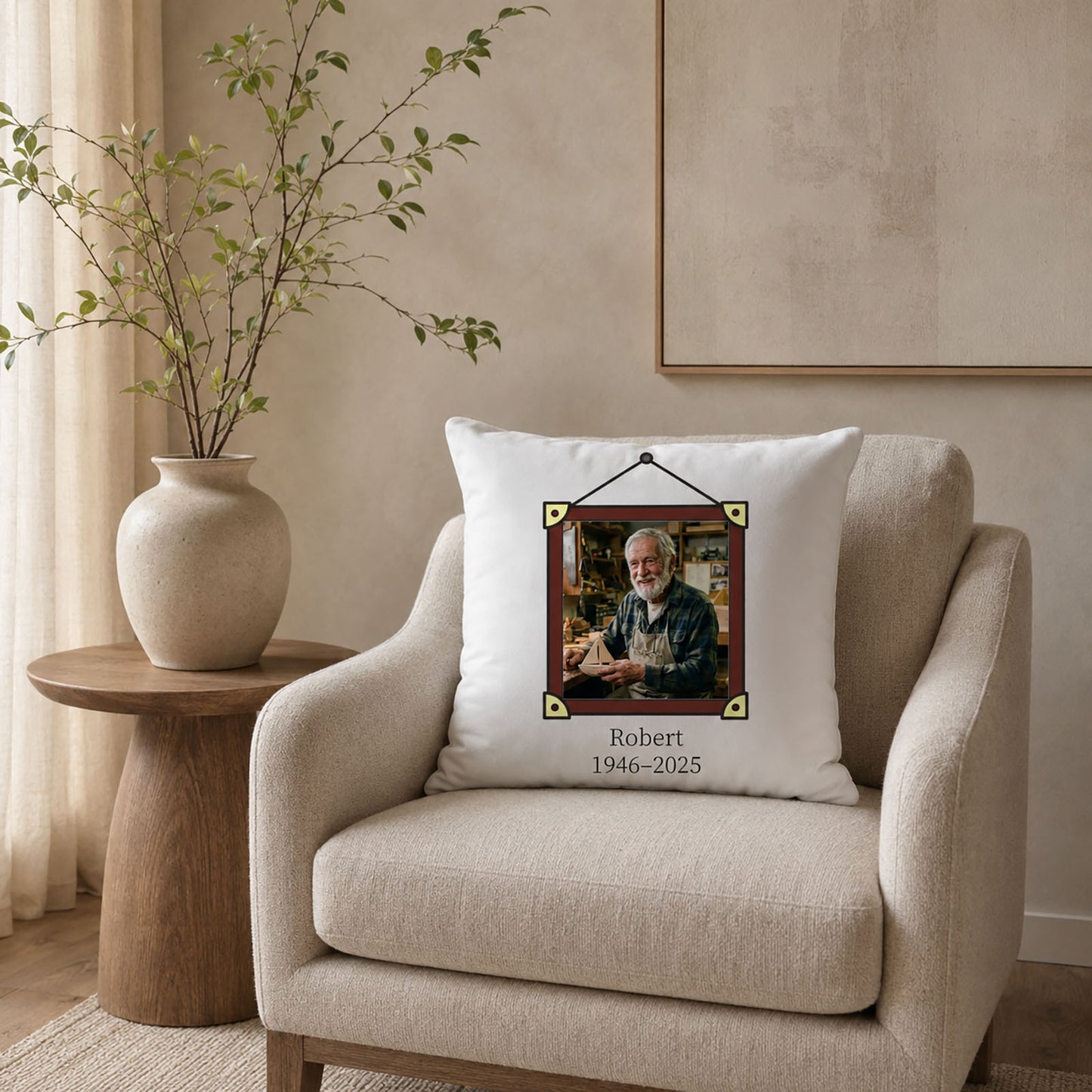 Robert personalized memorial pillow cover displayed on a neutral armchair in an elegant American reading corner