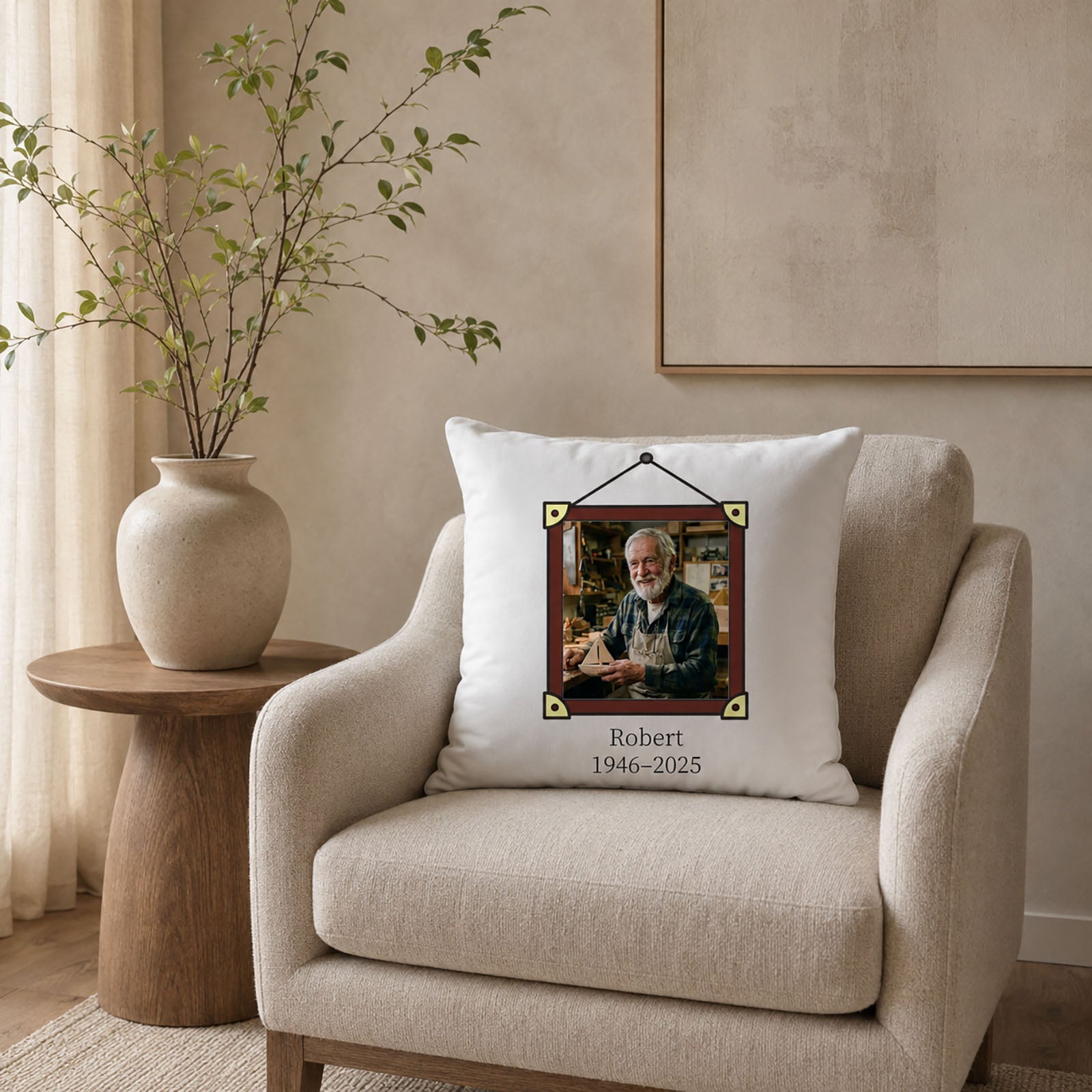 Robert personalized memorial pillow cover displayed on a neutral armchair in an elegant American reading corner