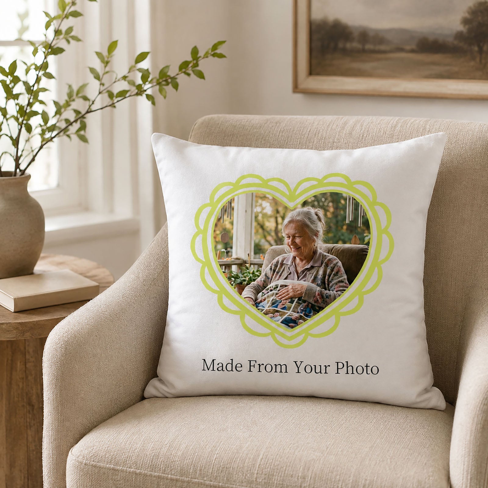 Personalized remembrance photo pillow cover displayed on a neutral armchair as a meaningful custom home keepsake