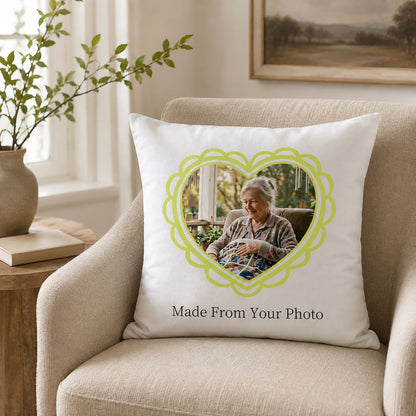 Personalized remembrance photo pillow cover displayed on a neutral armchair as a meaningful custom home keepsake