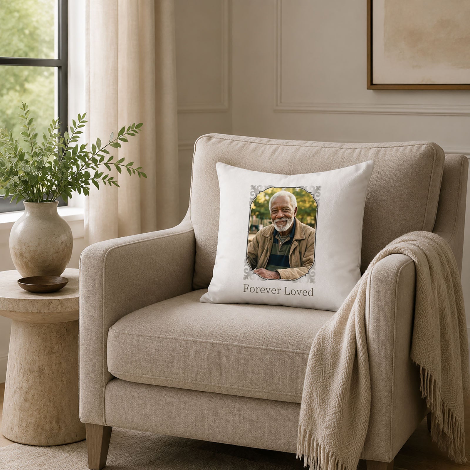 Personalized remembrance pillow cover displayed on a neutral armchair in a peaceful American-style reading corner