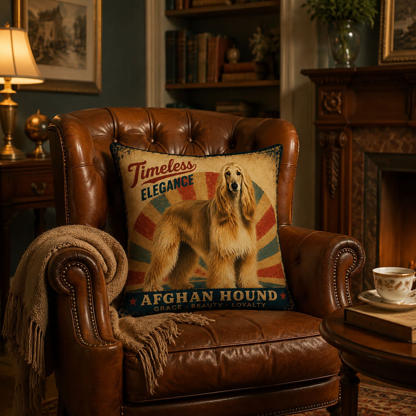Vintage Poster personalized Afghan Hound pillow decorating a luxury living room