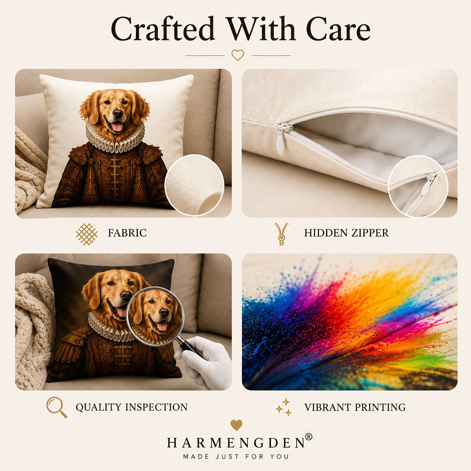 Four-panel product feature infographic for custom pet pillows. Demonstrating textured fabric with inset, hidden zipper closure, quality inspection on bespoke dog portrait, and close-up of vibrant printing with rainbow paint splash.