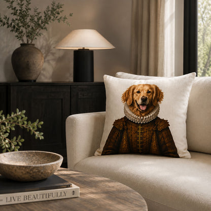 Custom Renaissance golden retriever pillow displayed in a neutral living room