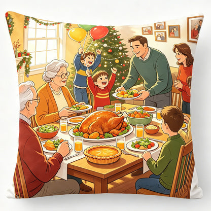 Cartoon-style memorial pillow featuring a cozy Thanksgiving family dinner with a Christmas tree backdrop. A festive keepsake pillow capturing holiday family gatherings and joyful memories