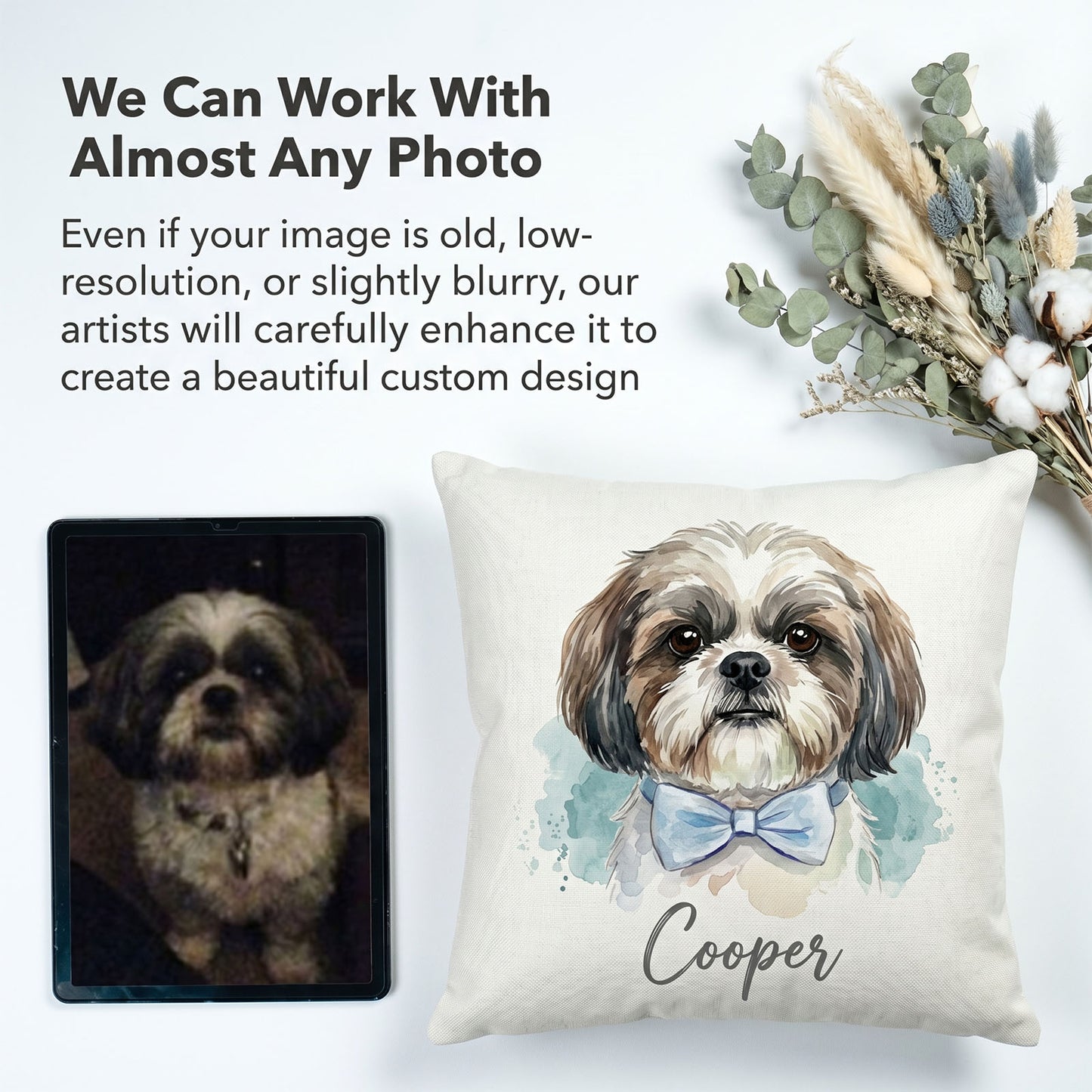 Turn Any Old Blurry Pet Photo Into Custom Watercolor Portrait Pillow, Personalized Shih Tzu Cushion, Custom Pet Art Transformation Service, Sentimental Pet Memorial Keepsake Throw Pillow