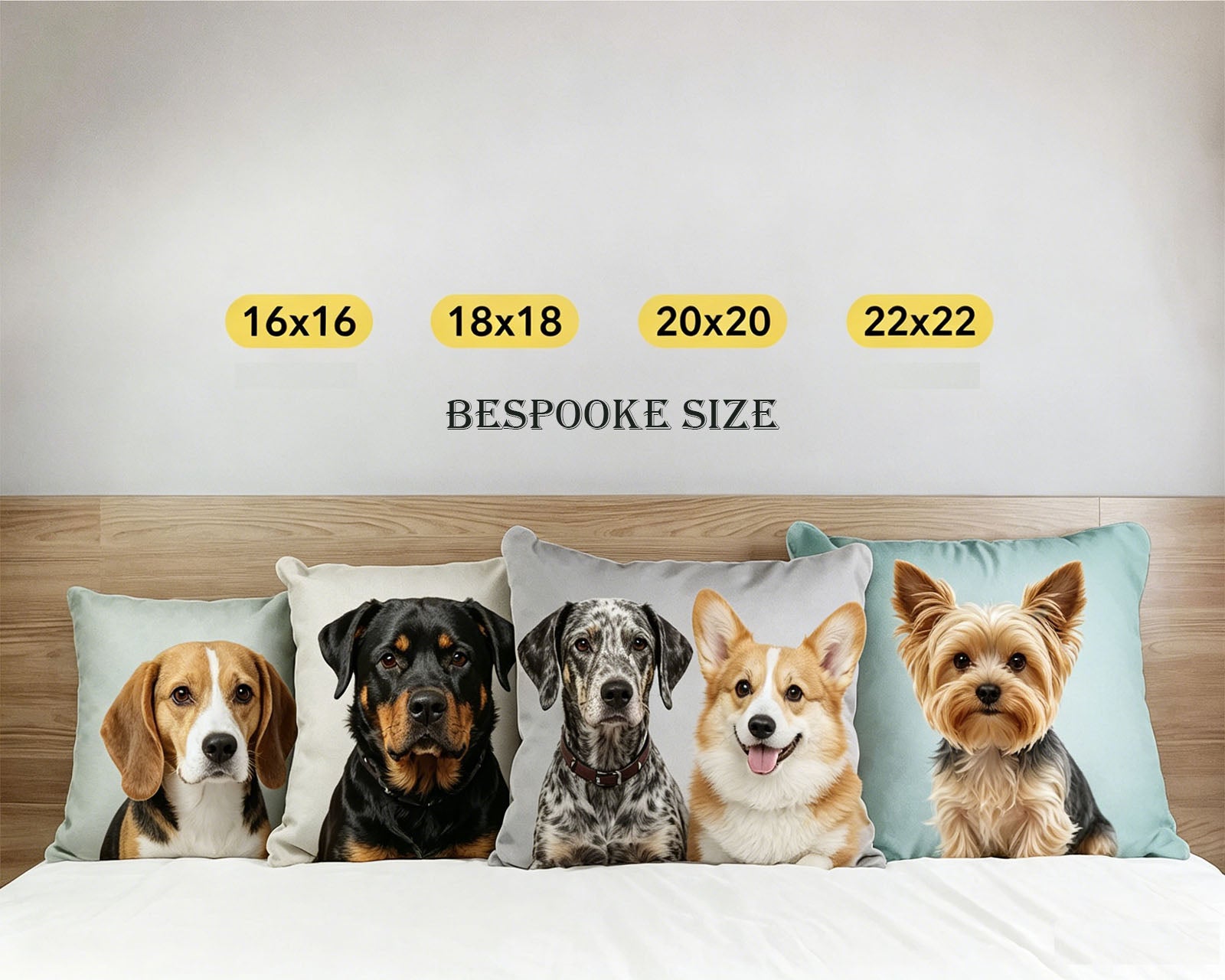 Custom Pet Portrait Throw Pillow Size Reference Chart, Available 16/18/20/22 Inch + Bespoke Custom Size, Multi Breed Dog Art Cushion Size Comparison For Custom Pet Gifts