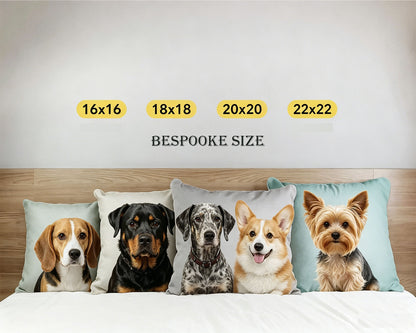 Custom Pet Portrait Throw Pillow Size Reference Chart, Available 16/18/20/22 Inch + Bespoke Custom Size, Multi Breed Dog Art Cushion Size Comparison For Custom Pet Gifts