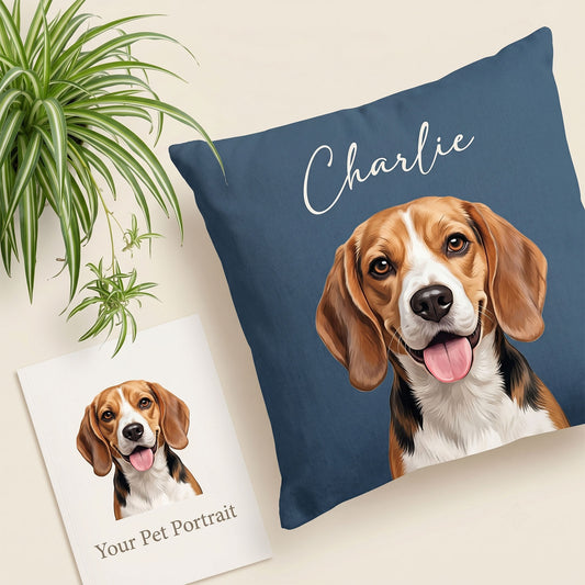 Custom personalized Beagle dog portrait throw pillow with custom pet name Charlie, custom pet photo artwork cushion, premium linen decorative home pillow for pet memorial gift, spider plant home decor, custom pet portrait keepsake pillow for dog lovers
