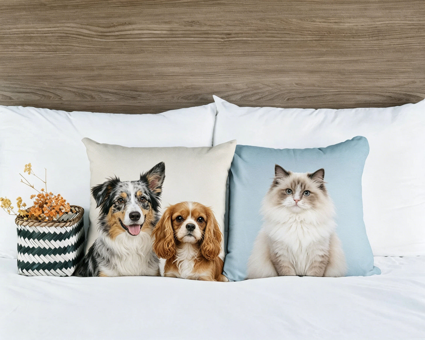 Set of Custom Australian Shepherd, Cavalier King Charles Spaniel & Ragdoll Cat Portrait Throw Pillows, Personalized Pet Art Linen Cushion, Bedroom Home Decor, Pet Parent Matching Gift Set