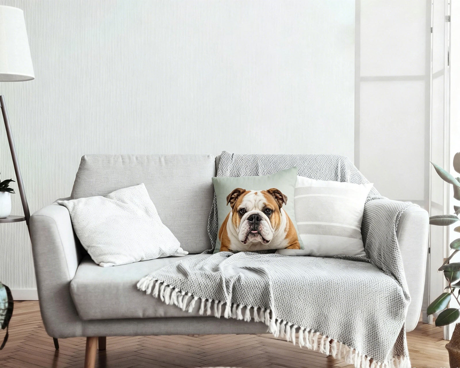 Personalized English Bulldog Watercolor Portrait Throw Pillow, Custom Pet Photo Printed Linen Cushion, Farmhouse Living Room Sofa Decor, Pet Dad Mom Housewarming Gift