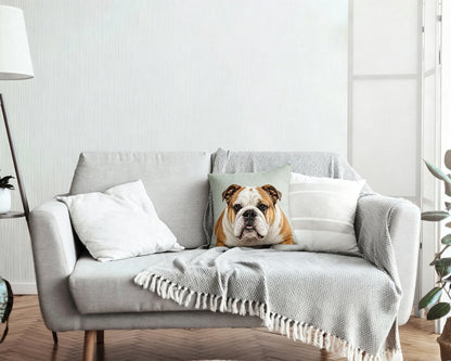Personalized English Bulldog Watercolor Portrait Throw Pillow, Custom Pet Photo Printed Linen Cushion, Farmhouse Living Room Sofa Decor, Pet Dad Mom Housewarming Gift
