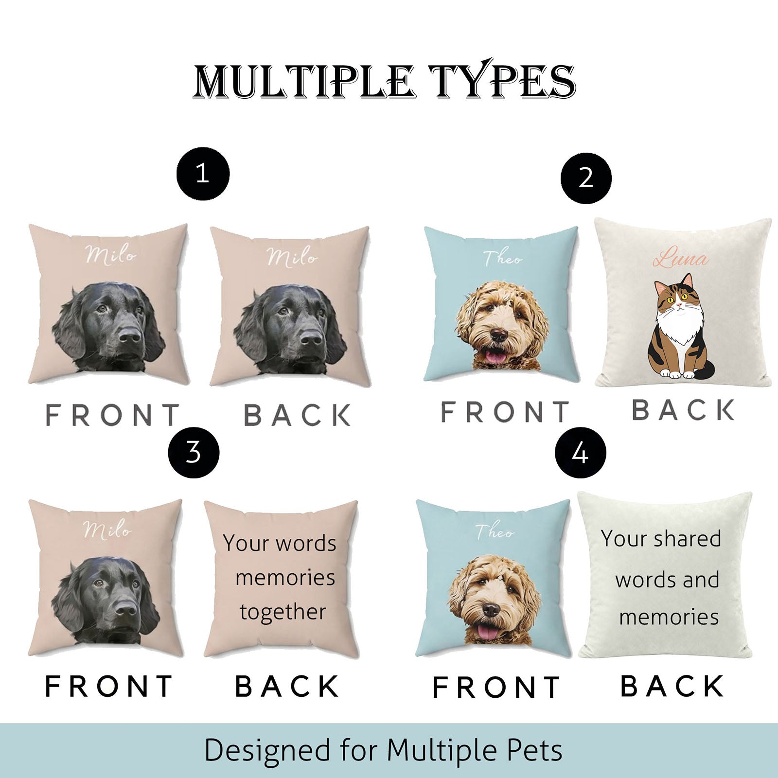 Four customizable styles double-sided personalized pet portrait throw pillow, option for single pet front only /front pet+custom text back, custom dog & cat photo cushion with personalized name & sentimental memory wording for custom pet gift
