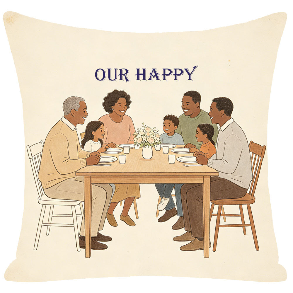 Minimal illustration memorial pillow depicting a Black family sharing a meal, with "OUR HAPPY" text on a vintage cream background. A simple, heartfelt keepsake pillow for family memory decor