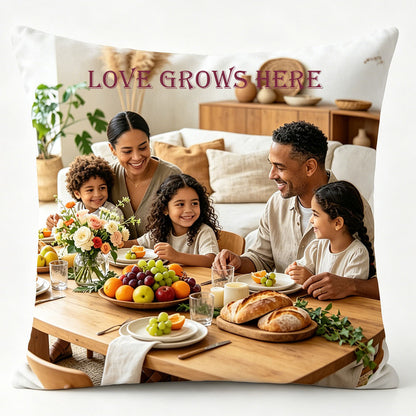 Modern organic-style memorial pillow with a warm family dinner scene, accented with "LOVE GROWS HERE" text. A minimalist, cozy keepsake pillow for everyday home decor and remembrance.