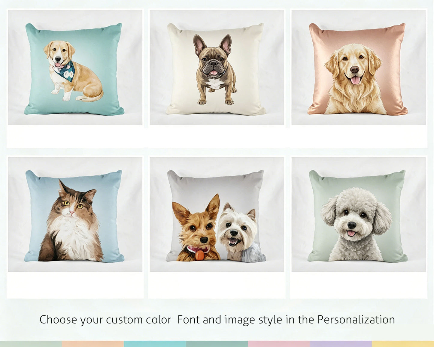6 Fabric Color Options Personalized Pet Portrait Pillow, Custom Dog & Cat Watercolor Art Throw Cushion, Pick Your Pet Breed & Background Color For Custom Pet Gift Pillow